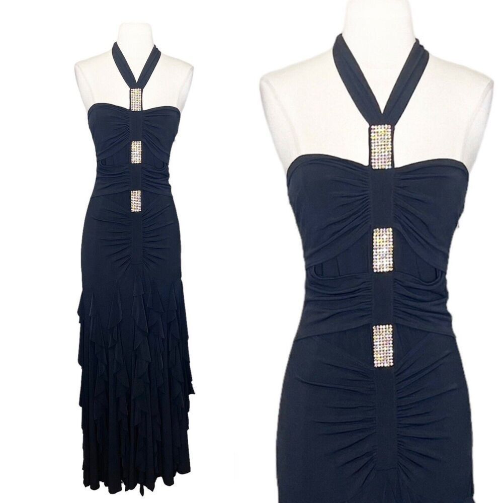 Vintage Y2K Size 8 Jessica McClintock Formal Dress Black Halter Rhinestone Layer
